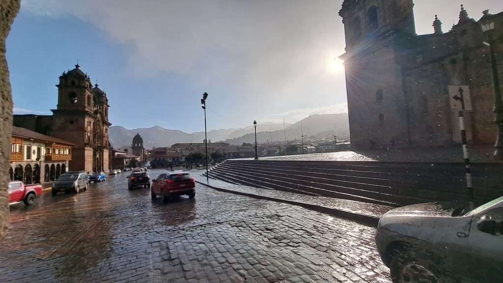 Cusco's main square on a rainy day